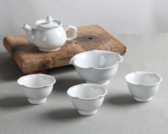 Handmade Korean Baekja White Porcelain Tea Set for 3 - Lotus Leaf, Kyusu Teapot, Tea Ceremony, Gong Fu Tea
