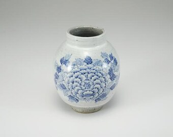 Handmade Korean Buncheong Vase with Chung Hwa Peony Flower Painting, Home Decor