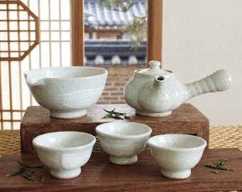 Handmade Korean Feldspar-Glazed Ceramic Tea Set for 3 with Gift Box, Kyusu Teapot, Gong Fu Tea, Tea Ceremony