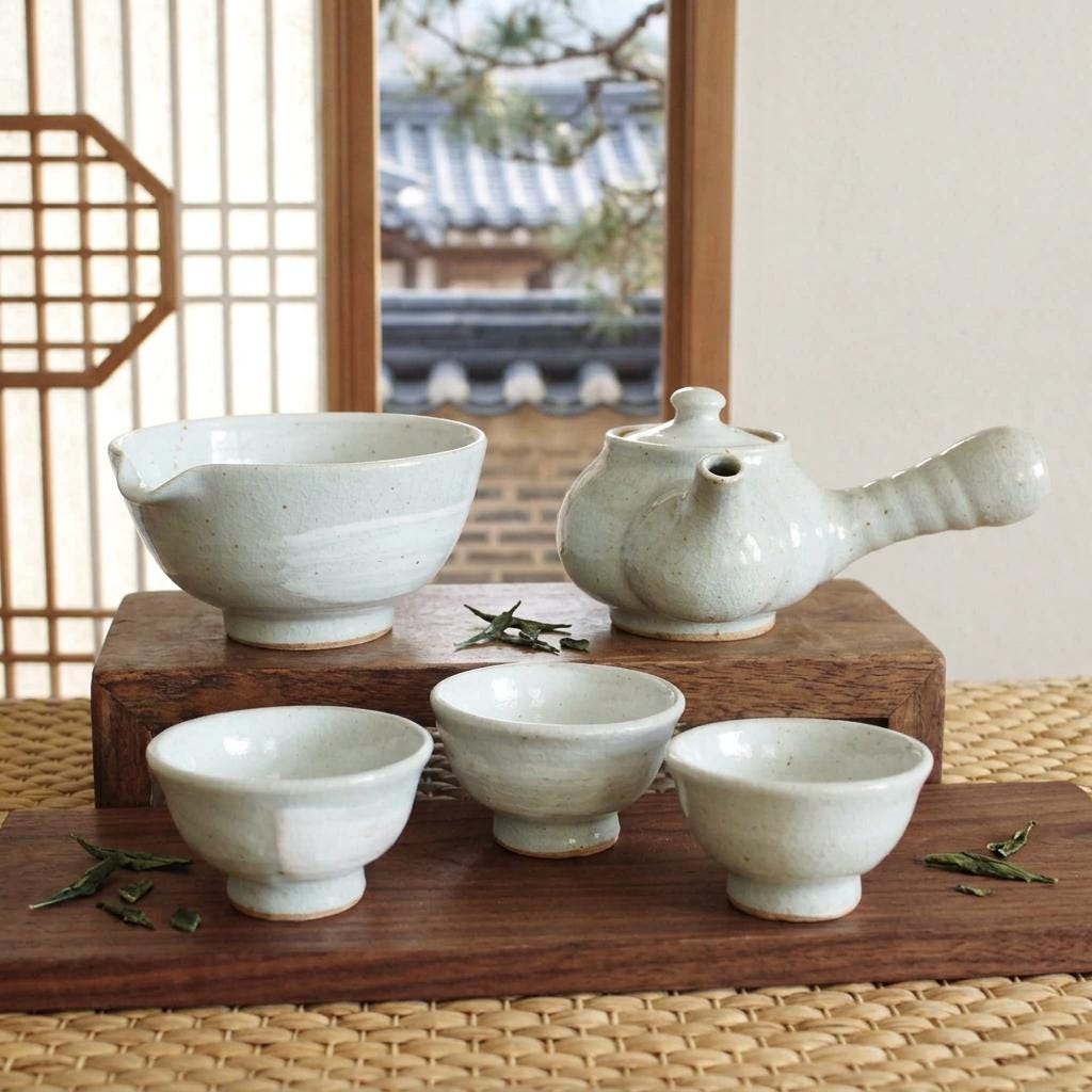 手作りの韓国製長石釉陶器製ティーセット（3人用、ギフトボックス付き