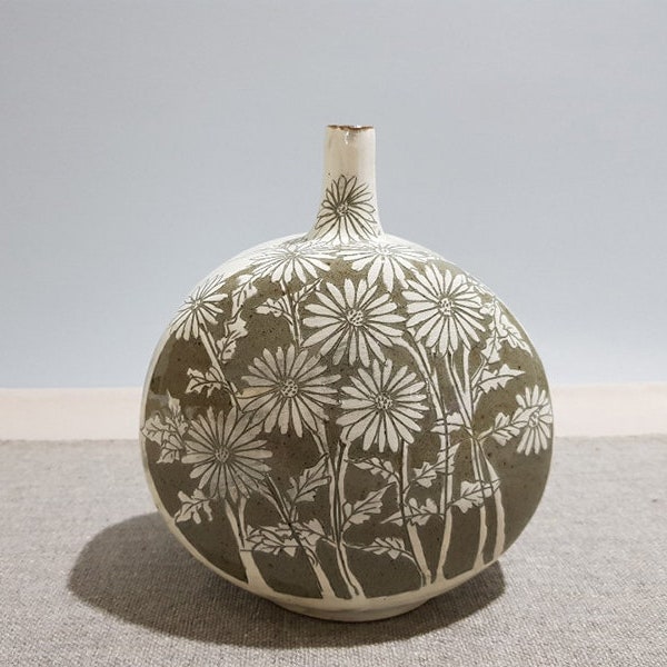 Handmade Korean Buncheong Vase with Chrysanthemum, Traditional, Home Decor