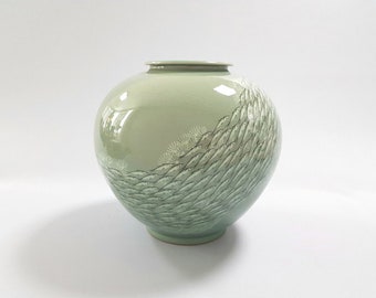 手作りの韓国陶磁器象嵌青磁（상감 청자）月壺 - 魚の群れ、高麗、伝統
