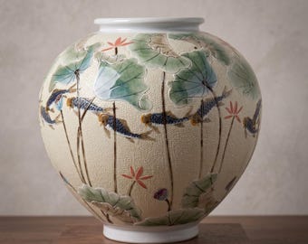 Handmade Korean Baekja Porcelain Moon Jar - Stippled Lotus & Fish (30cm)