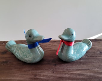 Handmade Korean Miniature Celadon Ceramic Geese, Home Decor, Wedding Gift by Master Potter Hyo Chun