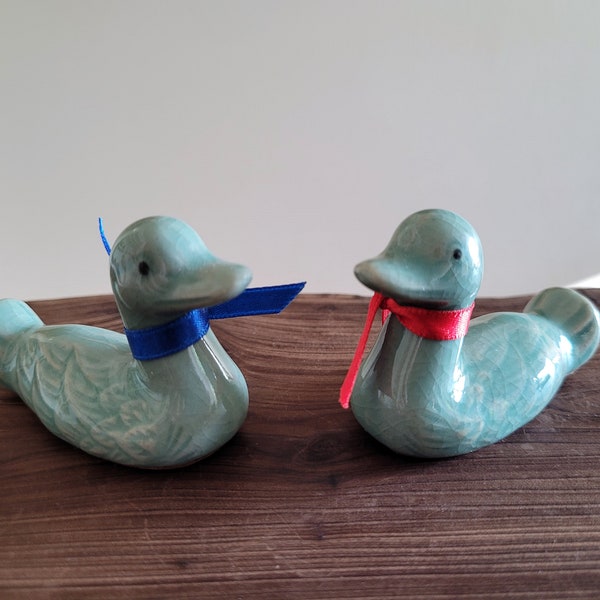 Handmade Korean Miniature Celadon Ceramic Geese, Home Decor, Wedding Gift by Master Potter Hyo Chun