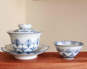 Handmade Hand-painted Korean Flower Mandala Pattern Gaiwan Tea Set, Teapot, Teacup, Chunghwa Baekja, White Porecelain, Gong Fu Cha