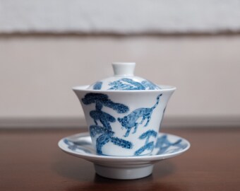 Handmade Korean Chunghwa Baekja White Porcelain Gaiwan Teapot - Tigers and Pine Trees, Gong Fu Cha, Tea Ceremony