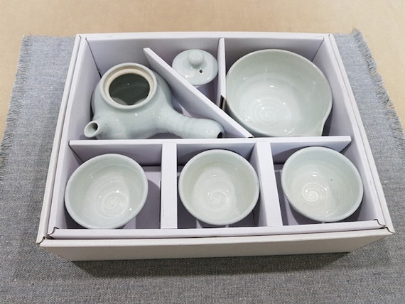 手作りの韓国製長石釉陶器ティーセット（3人用、ギフトボックス付き