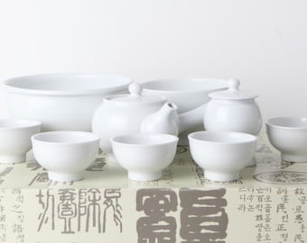 Handmade Korean Baekja White Porcelain Tea Set for 5 with Gift Box, Kyusu Teapot