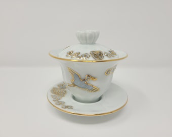 Handmade Hand-Painted Korean Baekja White Porcelain Gaiwan with Cranes & Clouds