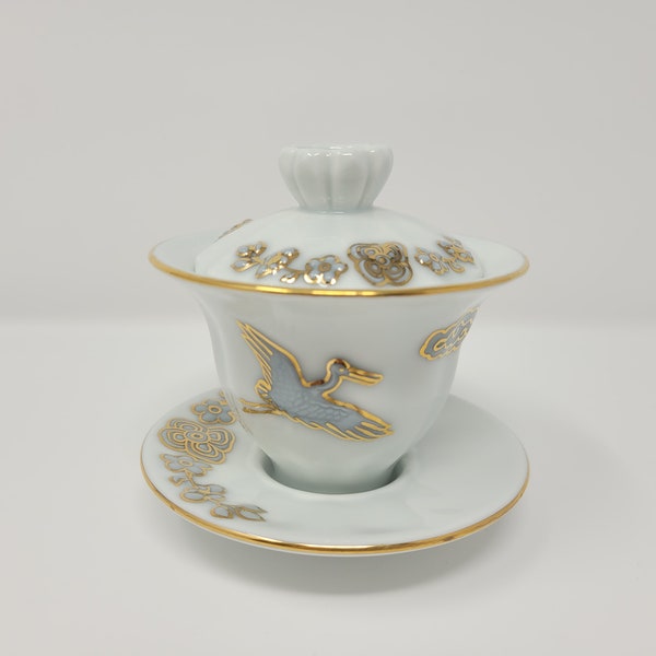 Handmade Hand-Painted Korean Baekja White Porcelain Gaiwan with Cranes & Clouds, Gong Fu Cha, Tea Ceremony