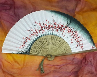 Traditional Korean Hand-Painted Hanji Bamboo Hand Fan with Plum Blossoms