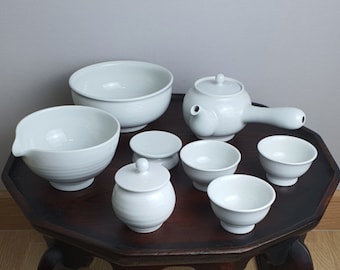 Handmade Korean Baekja White Porcelain Tea Set for 3 with Gift Box, Kyusu Teapot