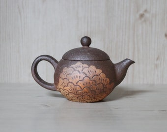 Handmade Wood-fired Korean Peony Flower Inlaid Tea Pot, Natural Glazed