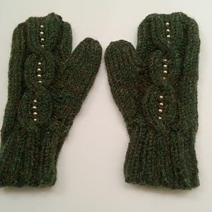 Hand Knit Hunter Green Cable Mittens with Gold Beads