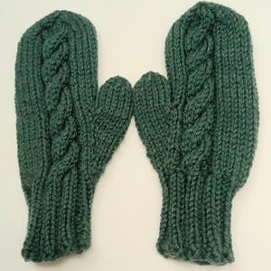 Hand Knit Wool Mittens, Forest Green Cable Knit, Women&#39;s Size Small