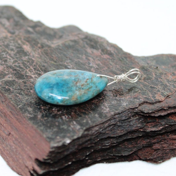 Large Blue Apatite Pendant Sterling Silver Wire Wrap Simple Design Hippy Boho Tribal crystal healing