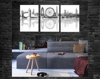 London Skyline Sketch Canvas design 3 piece (3x 26"x18") full size 54"x26"