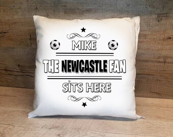 Personalised Newcastle Fan Cushion. Personalised with any name. Football fan cushion Newcastle FC personalised gift