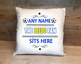 Personalised Leeds Football Cushion. Personalised with any name. Football fan cushion LFC Eland Road stadium