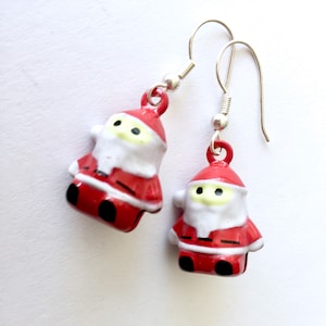 Jingle bell santas, jolly santa drop earrings, holiday bells earrings, santa earrings