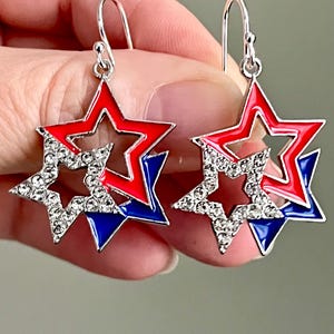 July 4 Stars Statement Earrings, patriotic star or sparkle earrings, American flag color earrings, Independence Day drop earrings