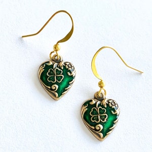 Small Shamrock drop earrings, St Patrick's Day earrings, small enameled shamrock heart earrings, shamrock gift