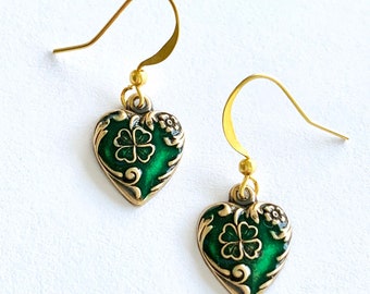 Small Shamrock drop earrings, St Patrick's Day earrings, small enameled shamrock heart earrings, shamrock gift