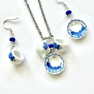 Tea time necklace or earrings or set, blue and white china teapot, cup and saucer necklace, tea lover gift