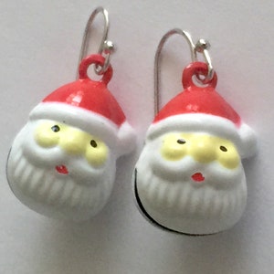 Holiday santa earrings, jingle bell santas, Father Christmas drop earrings, holiday bells earrings