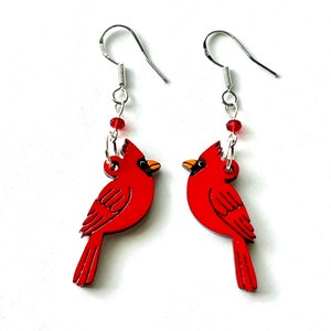 Cardinal earrings, handpainted bird earrings, loved one memory bird drops