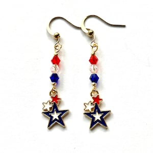 July 4 Stars Earrings, patriotic star or heart earrings, American flag color earrings, Independence Day drop earrings