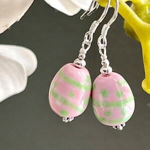 Lampwork Glass Easter Egg earrings, Sterling Silver Easter earrings, pink and green pastel Easter earrings