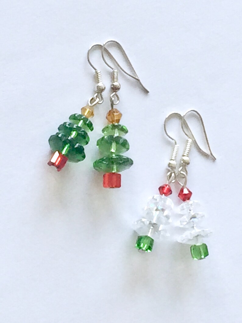 Christmas Tree Earrings White and Blue Glass Holiday Tree - Etsy