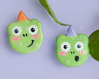 Handmade Clay Pins • Over the Garden Wall • Glitter Green Frog with Party Hat