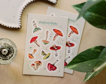 Watercolour Mushrooms STICKER SHEET • 9 vinyl mushrooms • 6&quot; x 4&quot;
