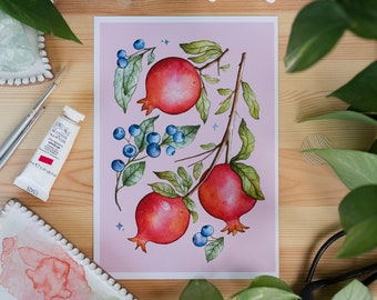 Watercolour Print • Pomegranates + Blueberries A4 or A5  •  Pink Background
