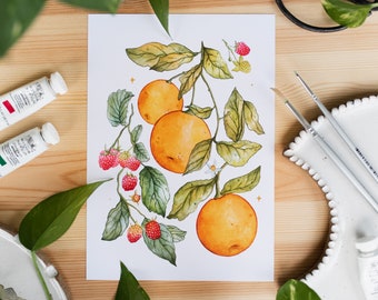 Watercolour Print • Oranges & Raspberries A4  or A5  •  White Background