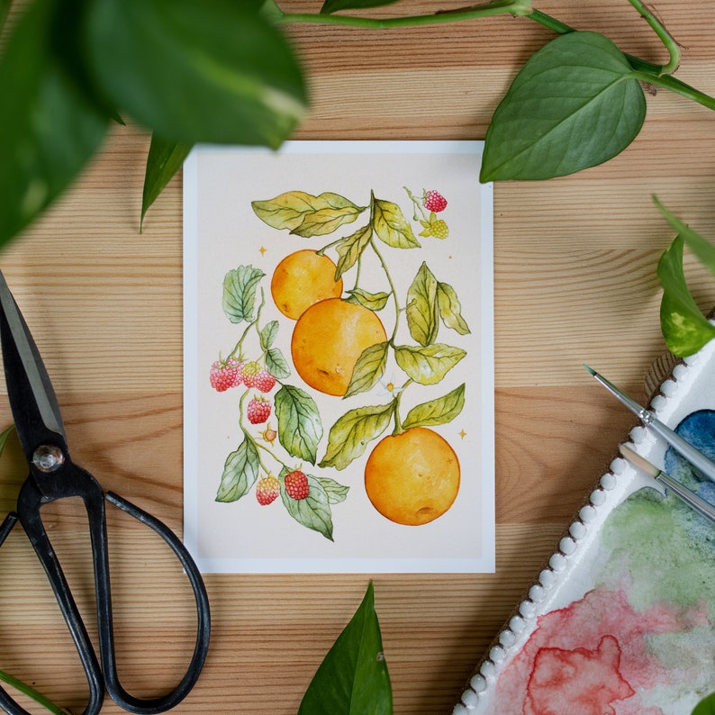 Set of 3 Watercolour Postcards Lemons Mulberries, Oranges Raspberries and Pomegranates Blueberries image 5