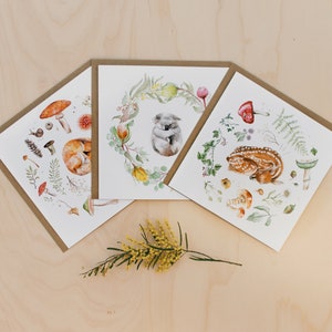 Cartes de vœux à l’aquarelle • 3 Pack • Animaux endormis • Koala, Cerf et Renard • Enveloppes brunes incluses