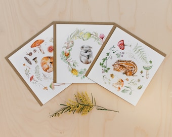 Watercolour Greeting Cards • 3 Pack • Sleeping Animals • Koala, Deer & Fox • Brown Envelopes Included