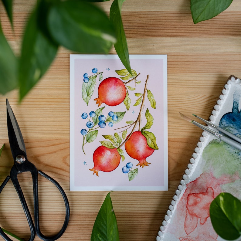 Set of 3 Watercolour Postcards Lemons Mulberries, Oranges Raspberries and Pomegranates Blueberries image 2