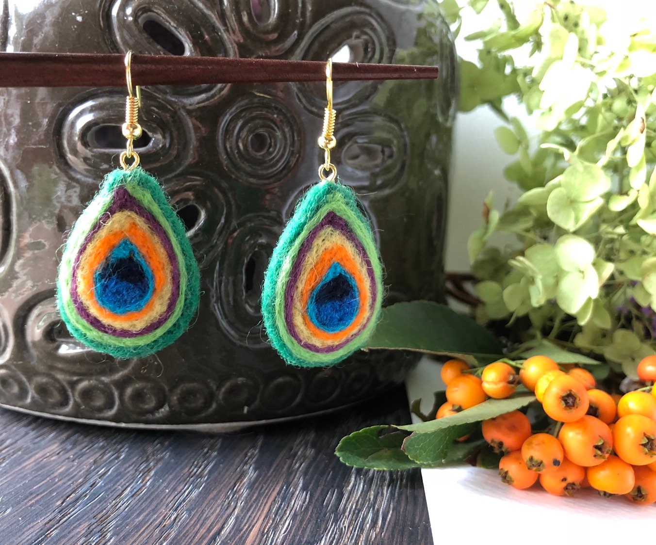 Dangle earrings Needle felted earrings Peacock feather Etsy