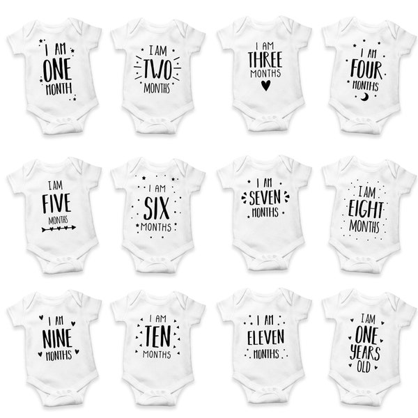 Monatliche Meilensteine Babystrampler Set, Personalisiert, Unisex, Babyparty, Babymitteilung, Baby Geburtstag