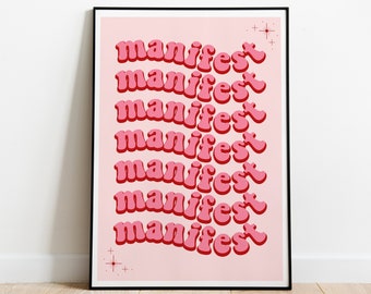 May include: Pink and white printable wall art with the word "manifest" repeated seven times in a retro font style.