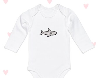 Geborduurde Shark Baby Grow: katoenen bodysuit met lange mouwen