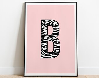 Zebra Initial Print: Pink Wall Art, Custom Letter