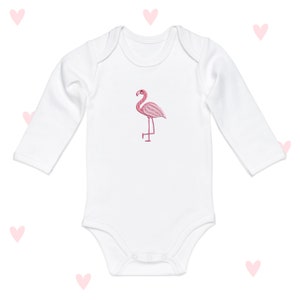 Flamingo Baby Grow: Embroidered Long Sleeve Cotton Bodysuit