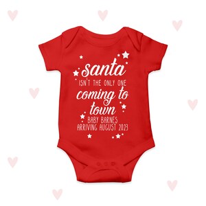 Christmas Baby Announcement Baby Grow Santa Coming to Town Personalised Red