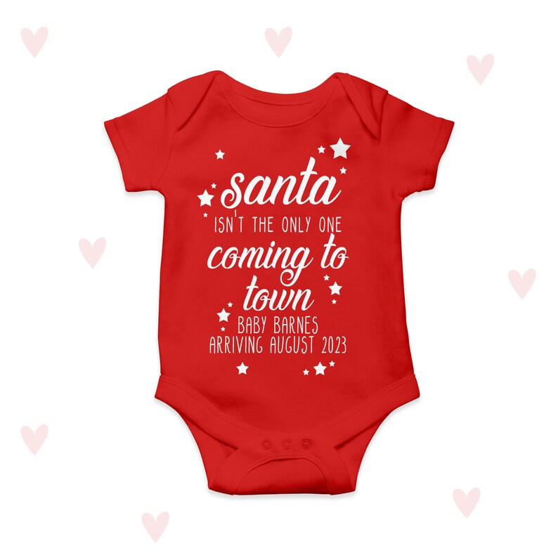 Christmas Baby Announcement Baby Grow Santa Coming to Town Personalised Red